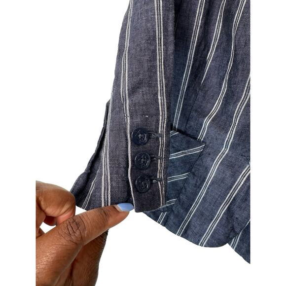 CAbi Blazer Singel Breasted‎ Work Office Blue White Linen Nautical Blazer Size 4 - Picture 7 of 12